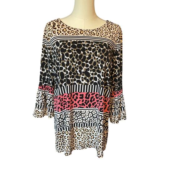 ELLEN TRACY PULLOVER BLOUSE MULTICOLOR LEOPARD PRINT 3/4 RUFFLE SLEEVE WOMEN LGE - Picture 1 of 7